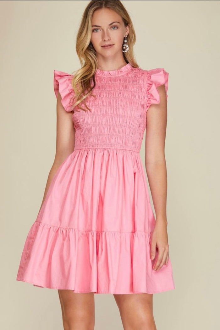 Sally Women's Smocked Bodice Dress- Pink