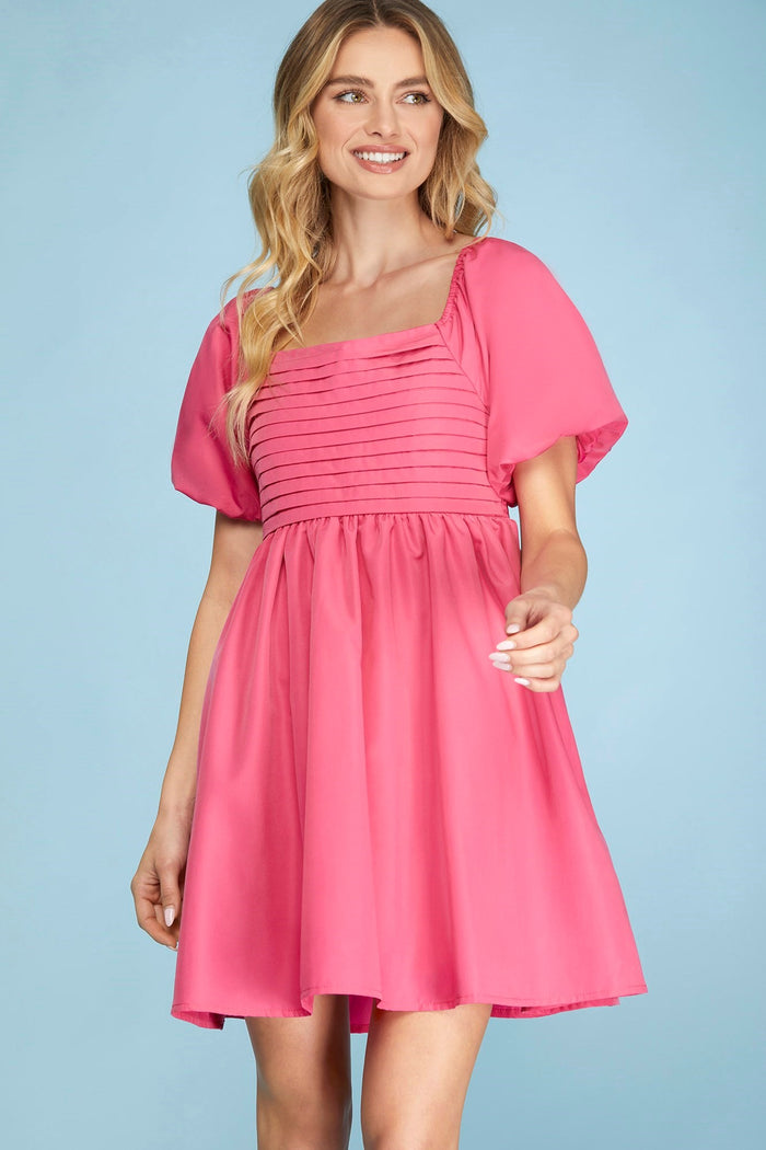 Sydney Women's Bubble Sleeve Babydoll Dress- Pink