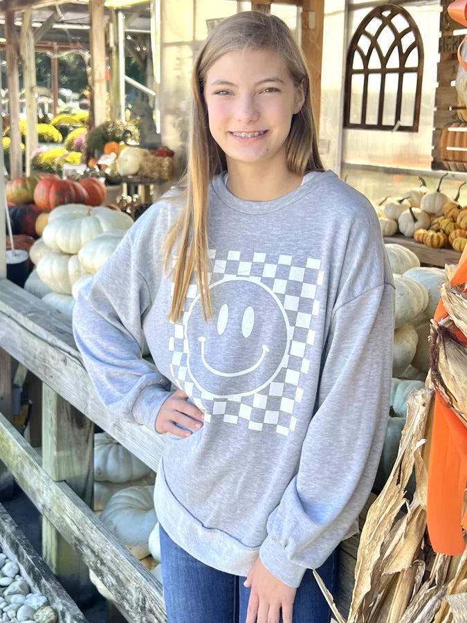 Sabrina Women’s Glitter Checkered Smiley Sweatshirt *Final Sale*