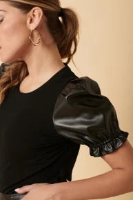 Rylie Women's Leather Puffed Sleeve Top- Black *Final Sale*