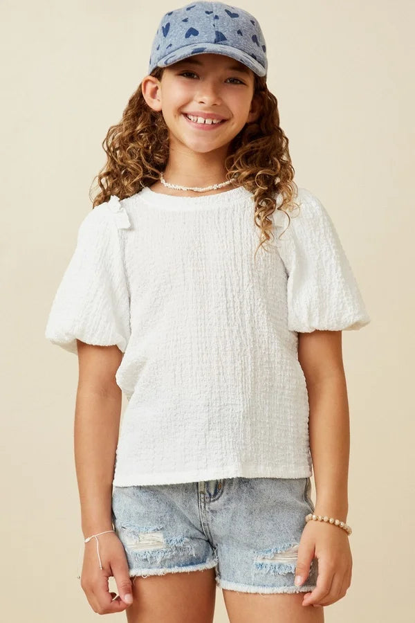 Christy YOUTH Crinkle Puff Sleeve Knit Top