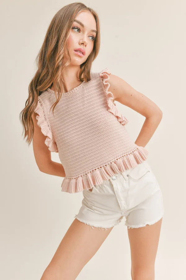 Kaia WOMENS Crochet Ruffle Sleeveless Cropped Length Top