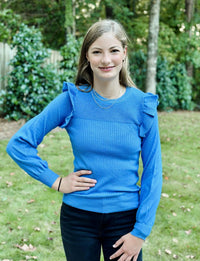 Whitney Women’s Shoulder Ruffle  Sweater Cobalt