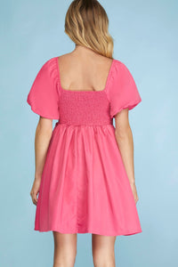 Sydney Women's Bubble Sleeve Babydoll Dress- Pink