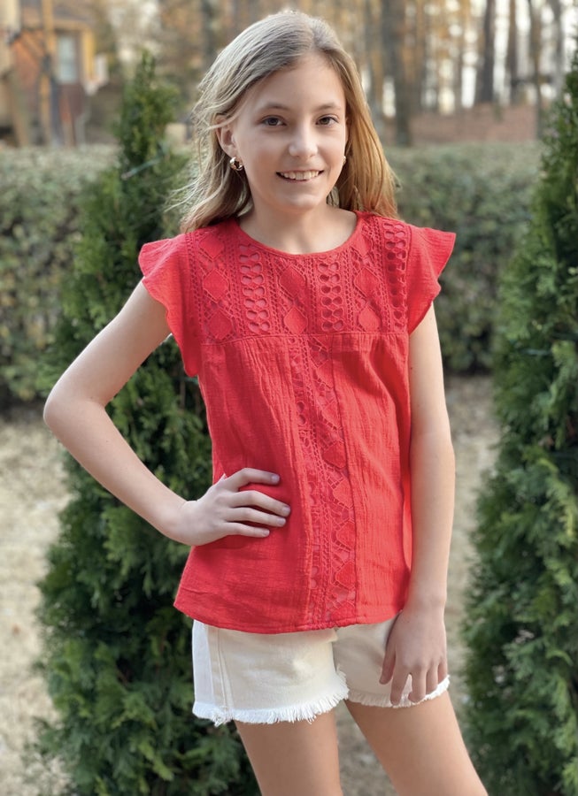 Greta YOUTH Crochet Flutter Sleeve Top *Final Sale*