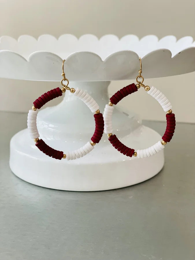 Crimson and White Heishi Disc Drop Earrings *FINAL SALE*