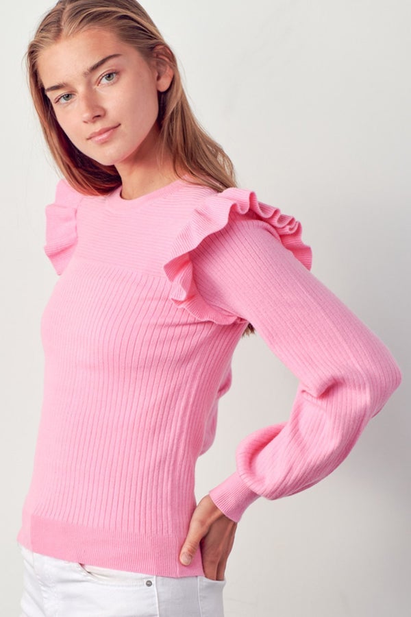 Whitney Women's Shoulder Ruffle Sweater Light Pink *Final Sale*