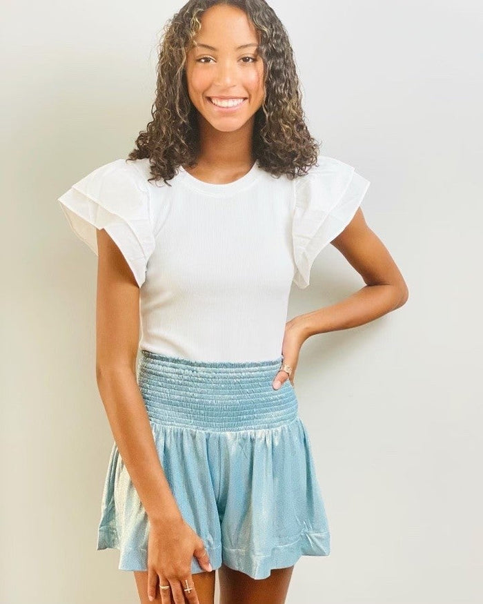 Farrah Smocked Waist Metallic Sparkle Shorts- Ice Blue *Final Sale*