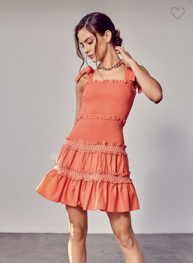 Claire Ruffle Smocked Dress-Coral  *Final Sale*