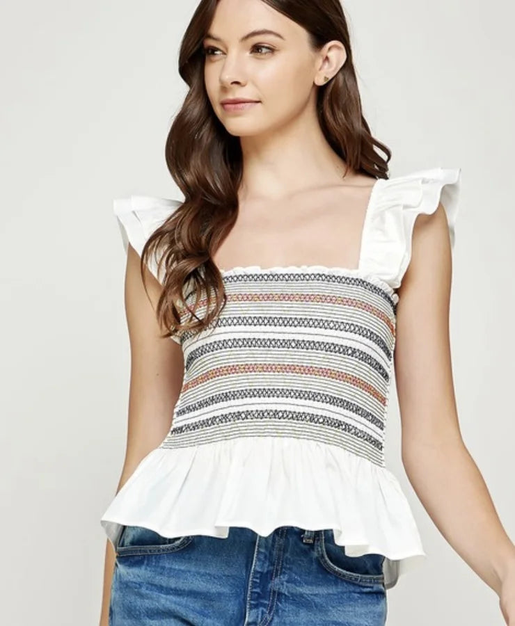 Carrie Embroidered Ruffled Shoulder Smocked Top *Final Sale*