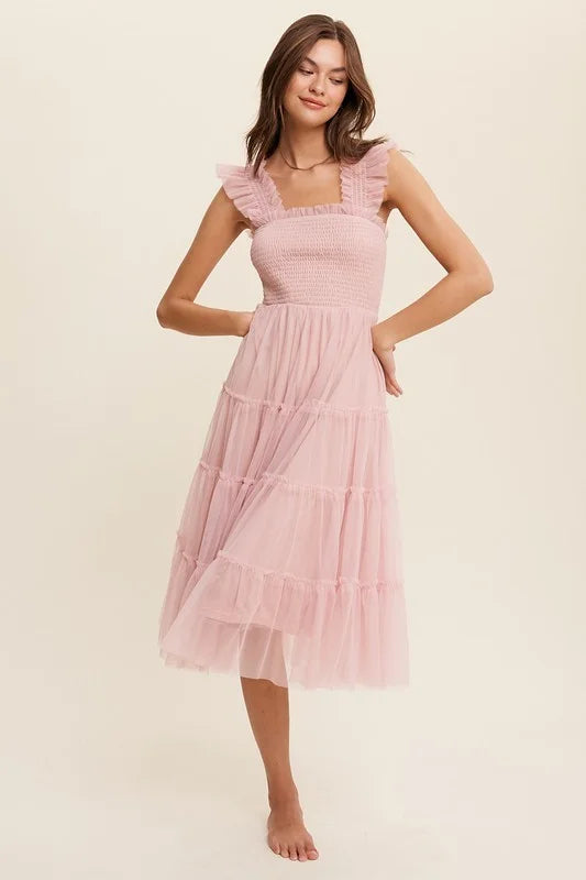 Tina WOMEN's Tulle Ruffle Midi Dress