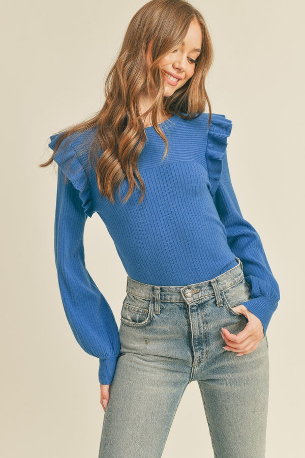 Whitney Women’s Shoulder Ruffle  Sweater Cobalt