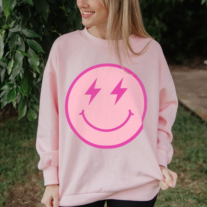 Women's Pink Lightning Bolt Happy Face Sweatshirt *Final Sale*